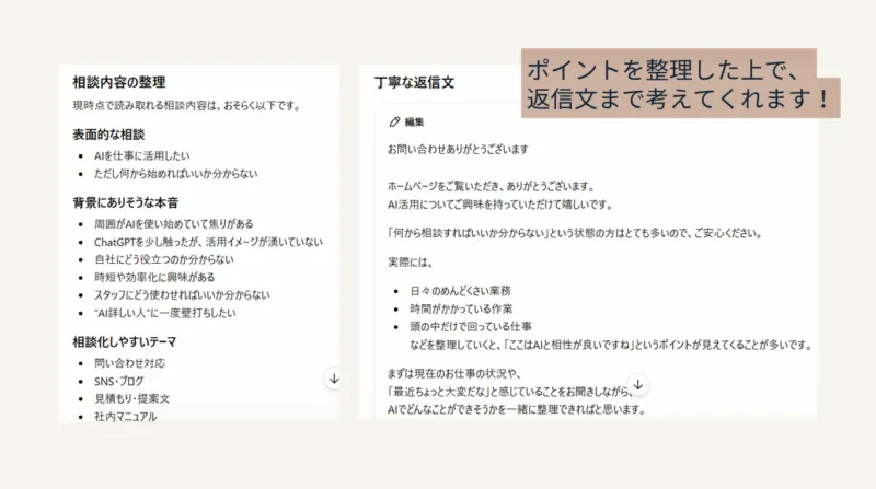 AIが相談内容を整理し、丁寧な返信文まで作成したサンプル画面